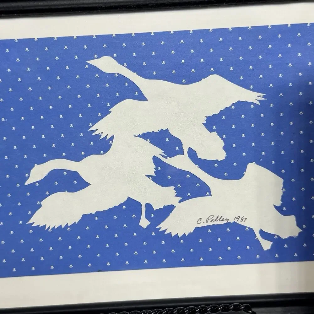 2 Small Vtg 80s Country Geese Framed Wall Art Blue White Silhouette Cottagecore